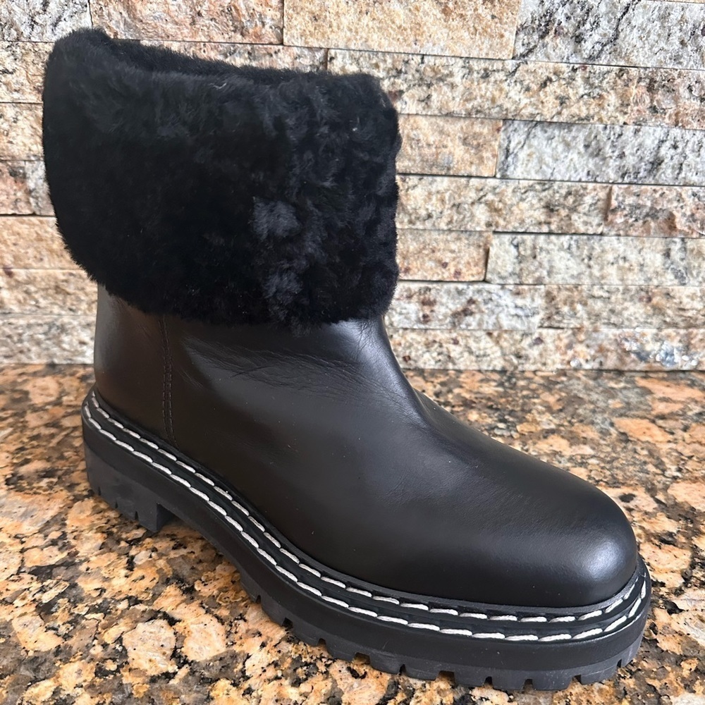 $1100 PROENZA SCHOULER SHEARLING LUG SOLE ANKLE BOOT BLACK LEATHER